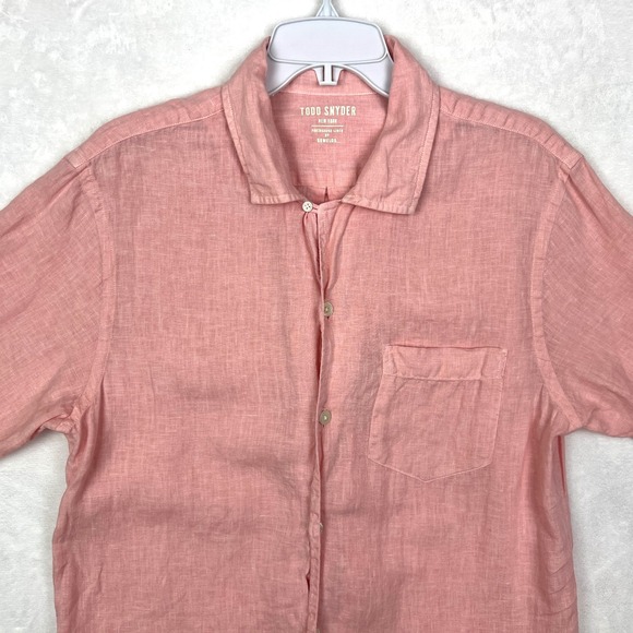 Todd Snyder Linen Button Up Shirt Mens Small Pink Short Sleeve Pocket Somelos - Picture 2 of 10